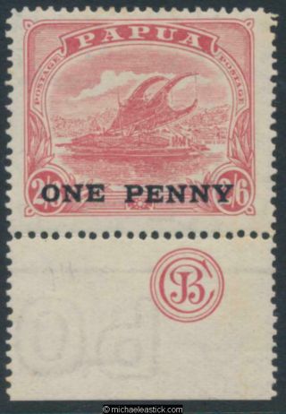 1917 Papua 1d On 2/ - 6d Rose - Carmine Cooke Monogram Sg 111.  Mh