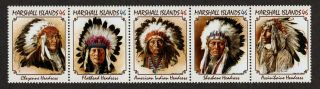 Marshall Islands,  Scott 1063,  Strip Of 5 American Indian Headdresses Year 2013