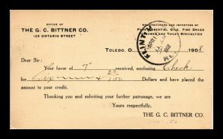 Dr Jim Stamps Us Toledo Ohio Postal Card G C Bittner 1908 Received