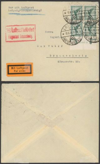 Germany 1926 - Air Mail Cover Flight Leipzig Braunschweig 30508/13