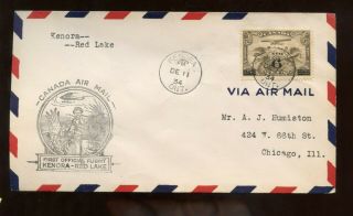Canada Ffc First Flight Cover 1934 Kenora,  Ontario To Red Lake,  Ontario