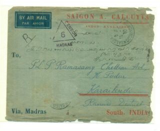 1940 Bentre/indochina 20c Regd.  Airmail Censor Cover To India.