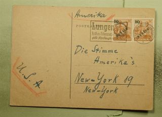 Dr Who 1949 Germany Berlin Ovpt Pair Slogan Cancel Postcard To Usa E45053
