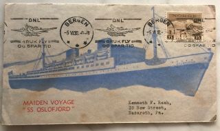 Envelope Postmarked From Bergen Norway To Usa 1938 Maiden Voyage " Ss Oslofjord "
