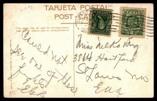Us Mexico Mixed Franking Postcard 1908 El Paso To St Louis
