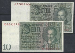 Germany Currency 3rd Reich 2 X 10rm Virtually Uncirculated (e37)