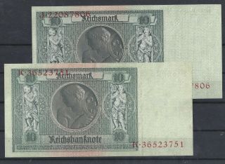 Germany Currency 3rd Reich 2 x 10RM Virtually Uncirculated (E37) 2