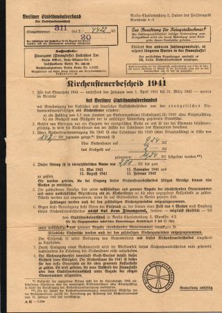Kirchensteuerbescheid 1941.  Berlin Charlottenburg Deutsches Reich Germany