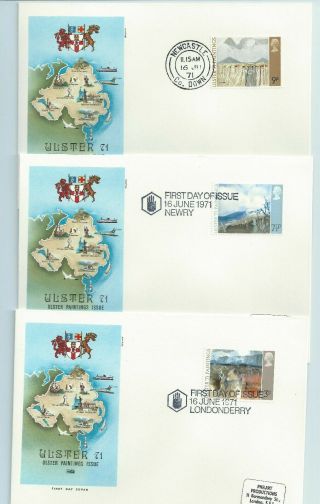 1971 Ulster Paintings Set 3 With Londonderry Fdi Newry Fdi And Newcastle Cds.