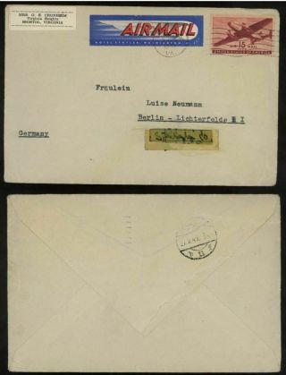 Va 1949 Hotel Statler Dc Airmail Label Tied Cover Berlin Airlift Germany Receive
