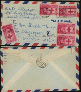 Wa 1949 Airmail Cover To Berlin Airlift Germany Receiver Red Cross