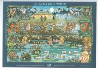 Denmark.  Poster Stamp Sheet.  Borns Vilkaar Mnh 1988 - 89.  Elves,  Owl,  Frog,  Santa.