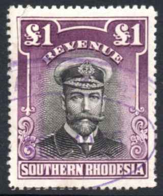 Southern Rhodesia Revenue 1924 £1 Purple & Black,  Barefoot 4,  No Perfin