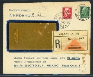 Italy Postal History Lot 751 1935 Reg Window Envelope Perfin Stamps Milano $$$