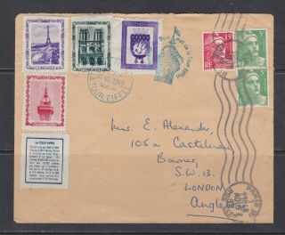 France 1949 Cover With Labels From The Eifel Tower To London