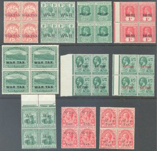 British Commonwealth 1918 Kg5 War Tax Issues In Blocks Of 4 (10) Mnh