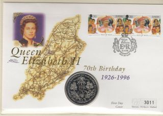 Isle Of Man 1996 Qeii Qe2 Queen Elizabeth 70th Birthday Pnc Crown Coin Cover