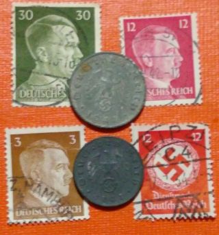3rd Reich Nazi Germany 2 Coins 10 & 5 Pfenning,  4 Stamps 1941 Ww2 Rare /n23