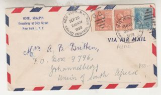 United States,  1950 Airmail Cover To South Africa,  Prexies 5c.  10c.  (2),  Perfin.