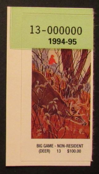1994 York Non - Resident Big Game Deer Hunting Stamp Nh $100 Face Value