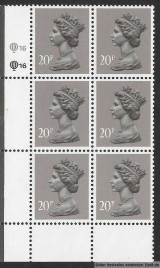 Gb 1971/96 20p Plate Block Of 6,  Sg Ug50/x1014,  Pl.  16,  16,  Pp.  Mnh