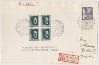 Germany Dr 1937 (20.  4. ) Reg.  Cover NÜrnberg (pm " H.  Birthday ") M/s 7,  Mi 641 To Beuthen