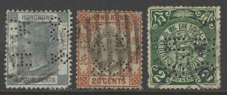 Hong Kong & China Selection Early Perfin Stamps Incl Coiling Dragon & Qv