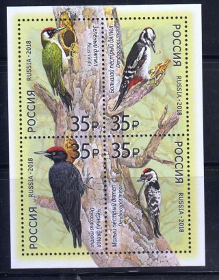 Russia 2018 Mi.  Block 252 Fauna Of Russia Woodpeckers (birds) Souv/sheet 4 Stamps