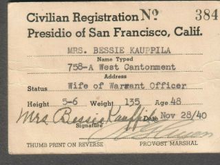 C Wwii Civilian Registration Card Presidio Of San Francisco Wife Warrant Officer