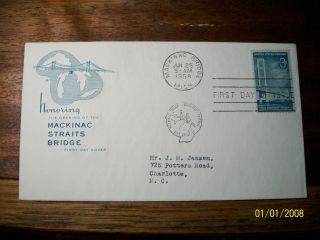 Mackinac Straits Bridge Fdc Postmarked 25 Jun 1958 (3 Cent Canceled Stamp)