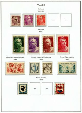 France Hingeless Stamp Album Page - 1945 Marianne (to 100f),  Costumes,  Coats/arms