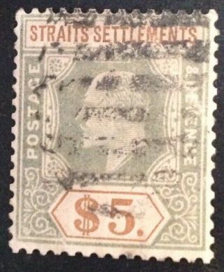 Straits Settlements 1902 $5.  00 Dull Green & Brown Orange Stamp Vfu Sg121