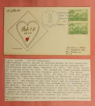 1937 Naval Uss Aylwin Ship Valentines Day Linto Hand - Drawn Cachet