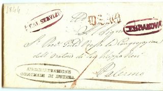 Italy Stampless Red Oval Trimacona,  Real Servizio - Palermo 1844 Taxed 7,  Text