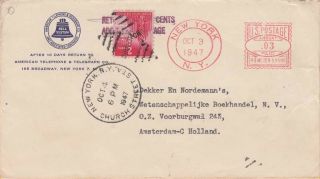 York City To Holland 1947 Metered Cover Uprated With 2¢ Stamp