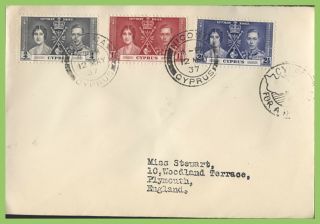 Cyprus 1937 Coronation Set On Nicosia First Day Cover With Map Cachet