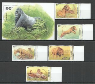 C330 Congo Fauna Wild Animals Wild Cats Lions Monkeys 1bl,  5st Mnh