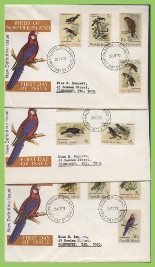 Norfolk Island 1970 Birds Definitives On Three First Day Covers