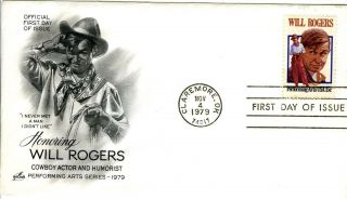 Sc 1801 - 1979 15¢ Honoring Will Rogers Cachet First Day Cover By Artcraft