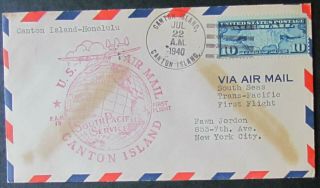 Canton Island To Honolulu Hawaii,  Paa Clipper First Flight Cover,  July 22,  1940