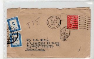 Scot - Stirling: 1952 Underpaid Cover To Holland With Postage Due Stamps (c45053)