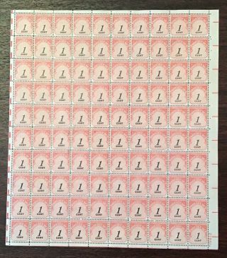 1959 J89 Us Postage Due 1 Cent Full Sheet Of 100 -