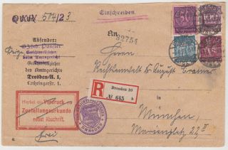 Germany Dr 1923 (9.  6. ) Reg.  Off.  Cov.  Dresden To MÜnchen Mixed Frank.  (corr.  2nd.  Rate)