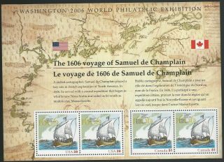 2006 Us & Canada Samuel De Champlain Souvenir Sheet Of 4 Scott 4074