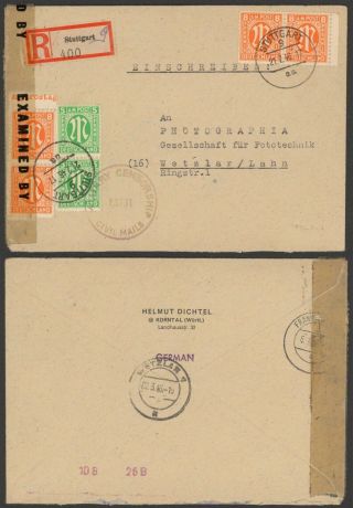 Germany 1946 - Registered Cover Stuttgart - Censor 37160/4