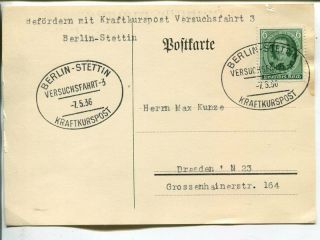 Germany Post Card Berlin - Stettin Kraftkurpost Versuchfahrt 3,  1936