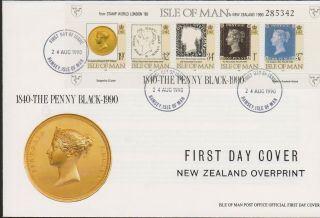 Gb Isle Of Man 1840 - The Penny Black - 1990/new Zealand Overprint Sg 442 - 446 Fdc