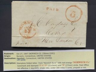 1847 Stampless Letter - Red Norwich Oct 27 Ct & Paid " 5 " To London Ct