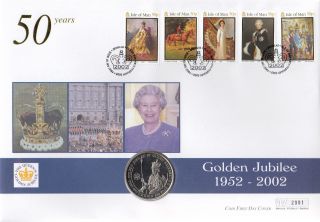 (74405) Gb Isle Of Man Falklands Crown Coin Fdc Queen Golden Jubilee 6 Feb 2002