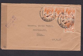 Straits Settlements 1941 Censored Cover Usa With Singapore Cancel 16 - Cent Rate